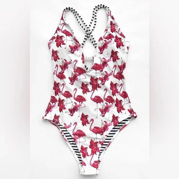 Cupshe flaming & flowers Free To Fly Print One-piece Swimsuit white pink L NWT - Picture 9 of 12